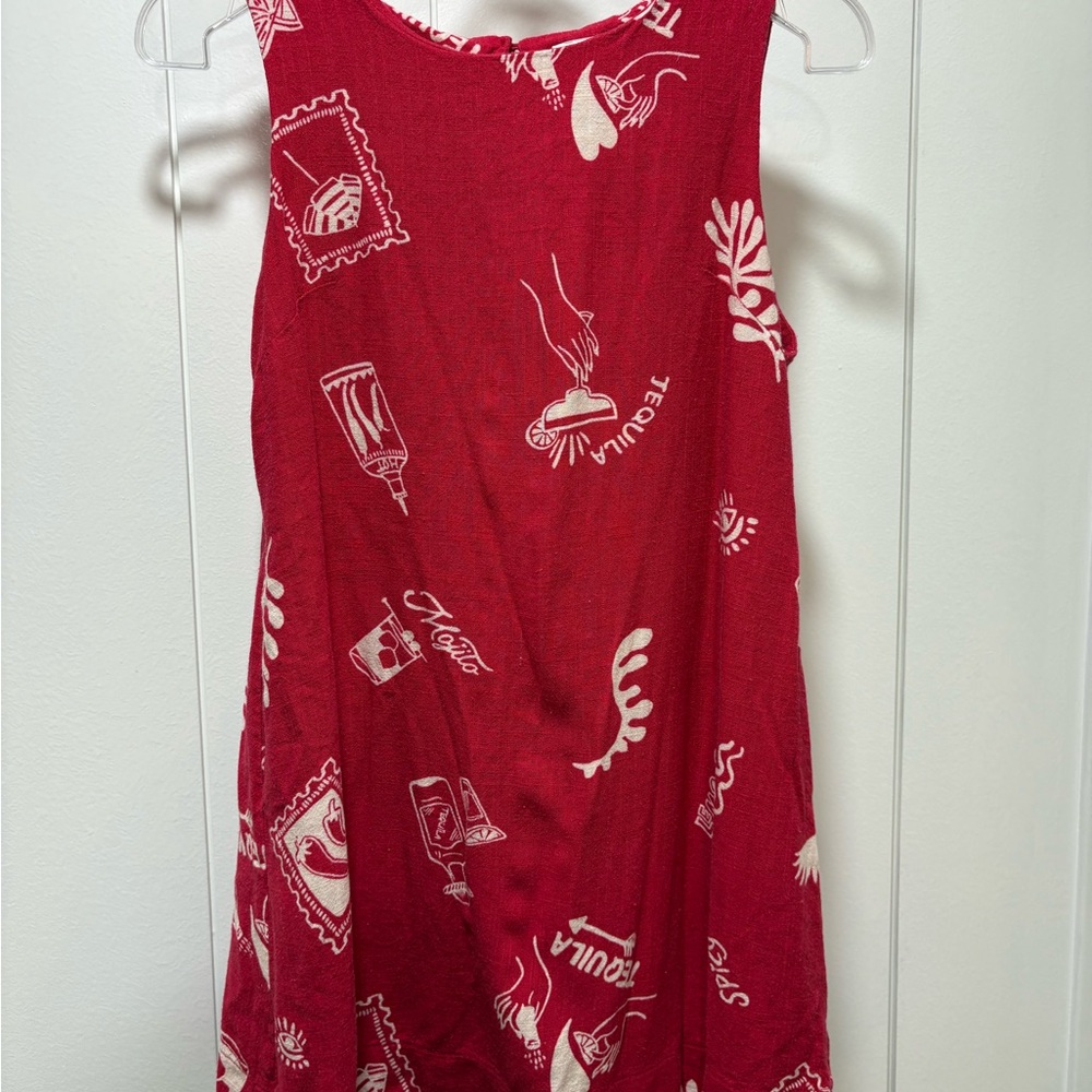 Paper Heart x Anthropologie Red Linen Blend Tequila Print Shift Dress Size Small